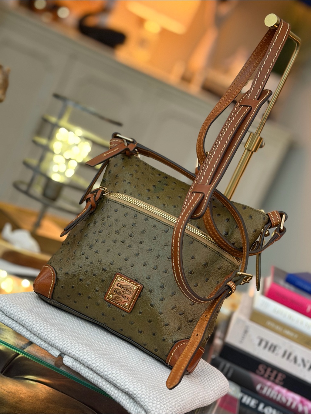 Dooney & Bourke Ostrich Ridley Crossbody Bag In Olive Green, Euc.